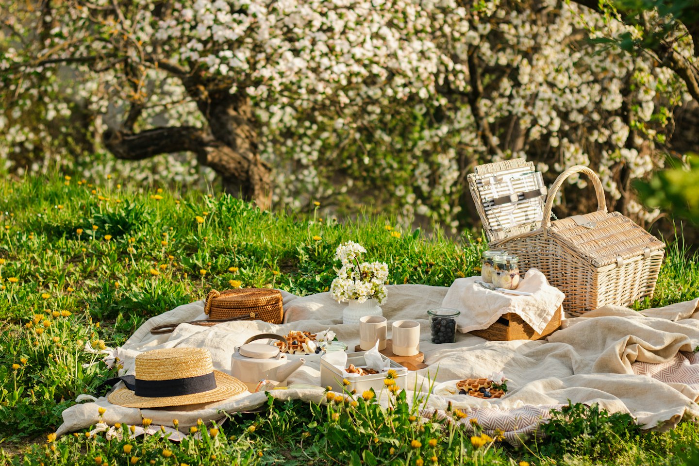 Picnic setup with waffles and tea on a grassy lawn.